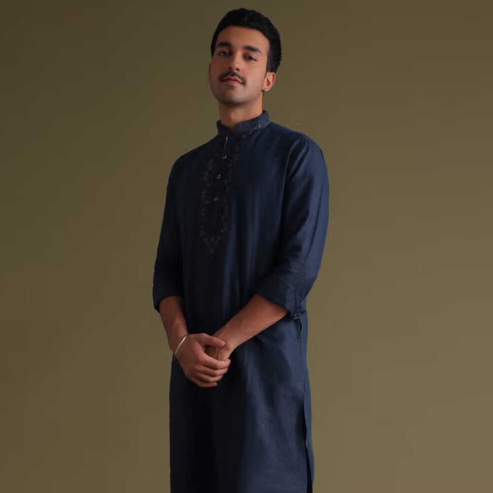 Navy Blue Thread-Embroidered Festive Kurta In Silk